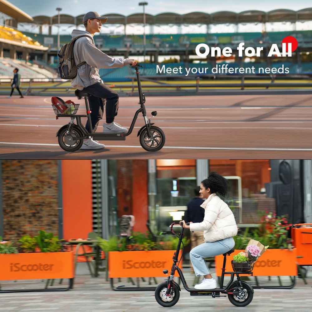 iSCOOTER i12 12" Commuter Electric Scooter With Seat & Carry Basket 500W Motor 36V 7.5Ah Battery