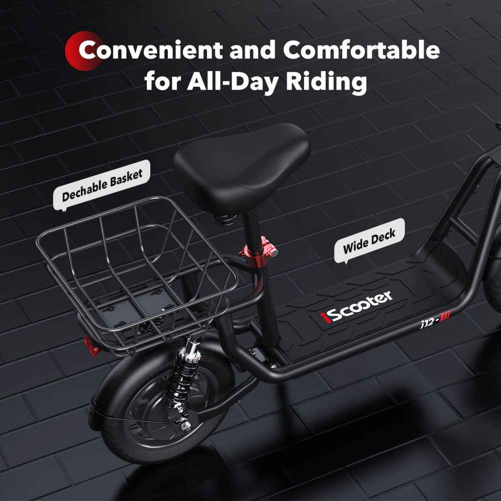 iSCOOTER i12 12" Commuter Electric Scooter With Seat & Carry Basket 500W Motor 36V 7.5Ah Battery