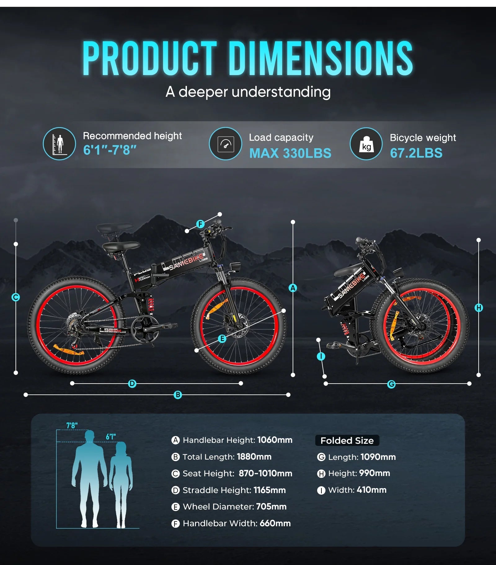 SAMEBIKE LO26 Plus 26" Folding E Bicycle 1000W 48V15AH Hydraulic Brake Fat Tire Mountain - Orantek -
