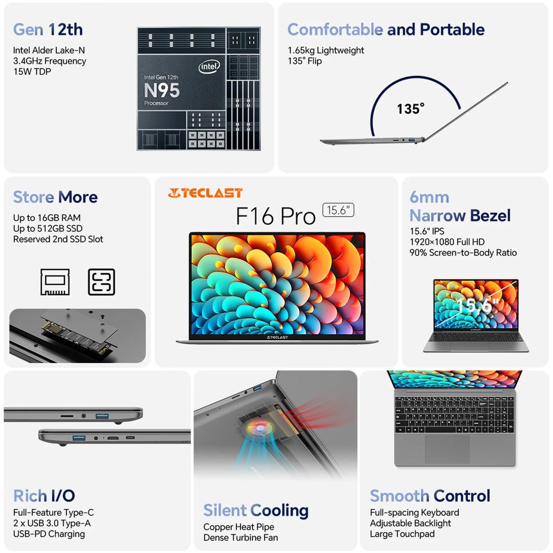 TECLAST F16Pro Laptop 15.6 inch, 16GB RAM 512GB SSD Computers, for Intel N95 CPU, IPS FHD 1080P Screen, WiFi 6, BT 5.0, USB3.2, Backlit Keyboard, 38000mWh - Orantek -