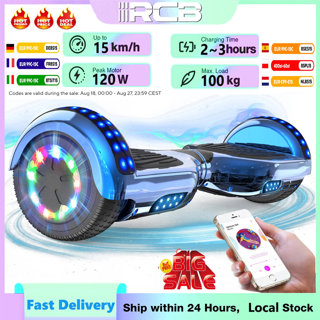 RCB Hoverboard, 6.5 Inch Two Wheel Hoverboard with Bluetooth Speaker with LED Light, Hoverboard Great Gift for Kids and Adults - Orantek -