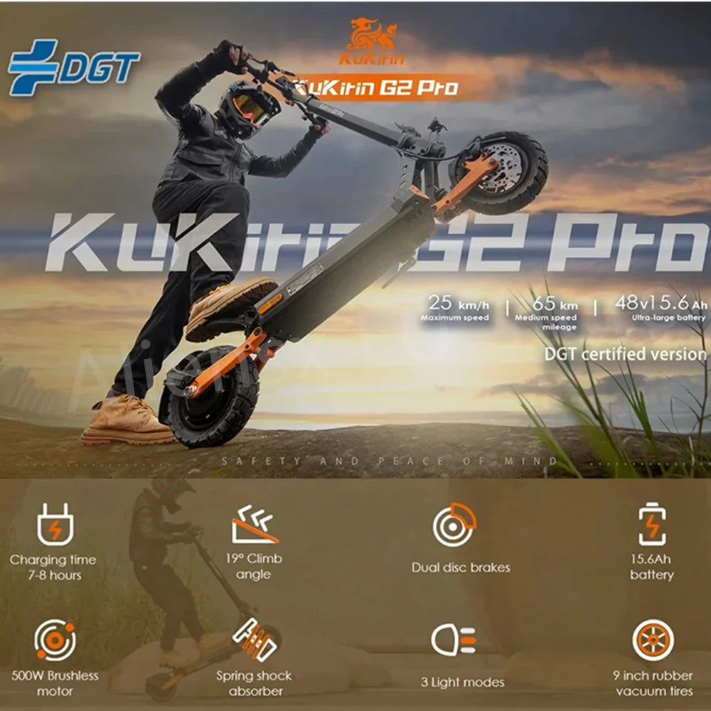 KuKirin G2 Pro (VMP) Electric Scooter 500W Motor 48V 15.6Ah Battery 25km/h Max Speed 65km Range - Orantek -